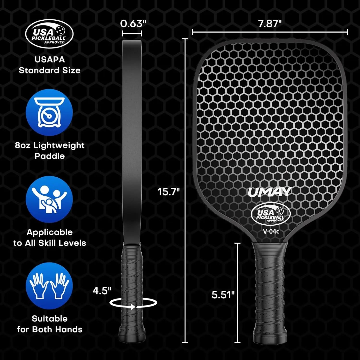 UMAN pickleball paddle with measurements and features on a black background