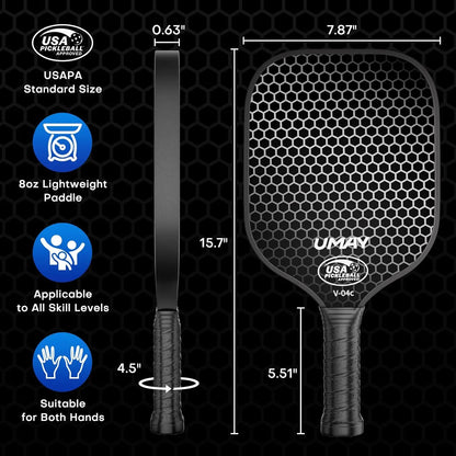 UMAN pickleball paddle with measurements and features on a black background