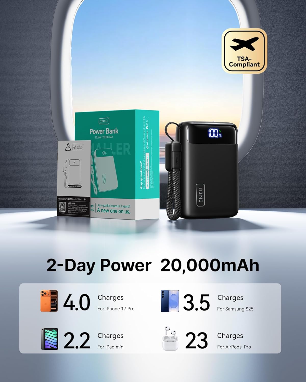 Black power bank with digital display and packaging on a reflective surface with a blurred background