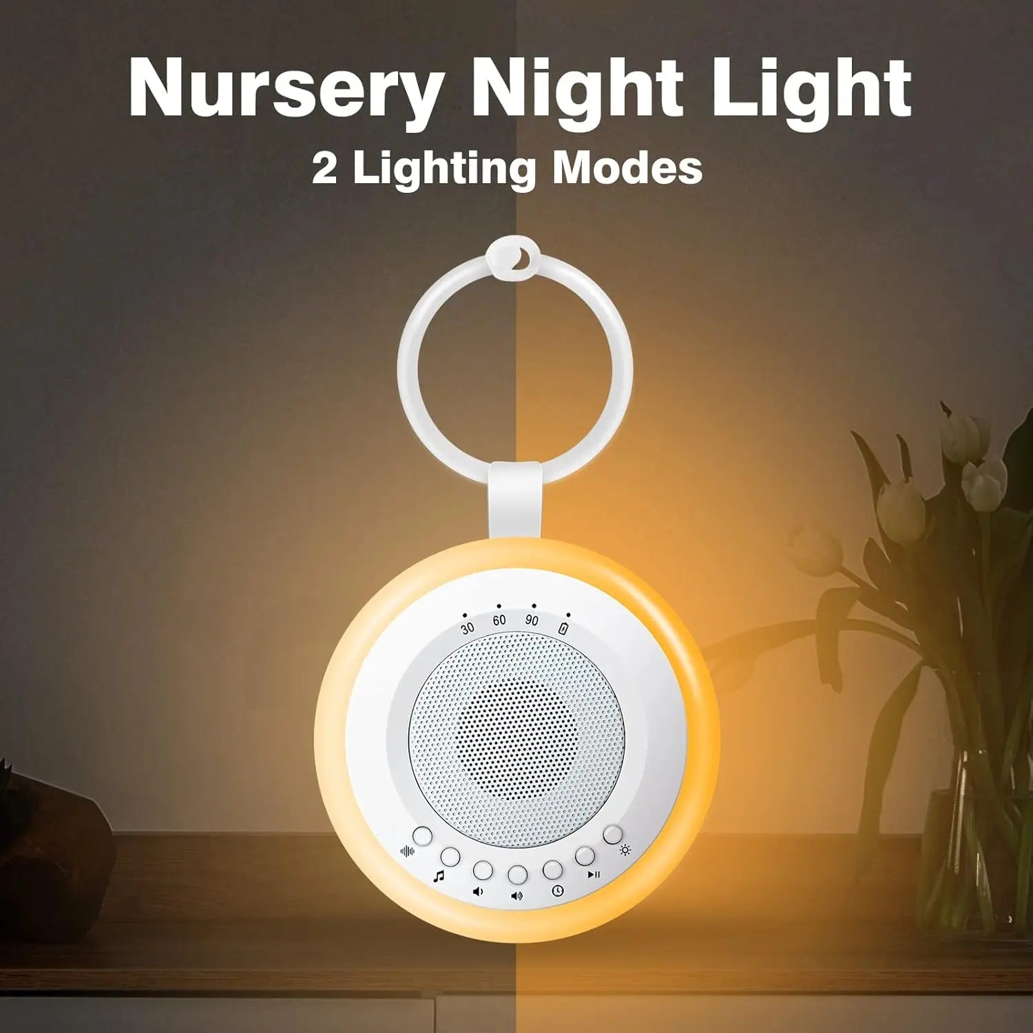 Nursery night light with 2 lighting modes on a wooden surface with flowers in the background.