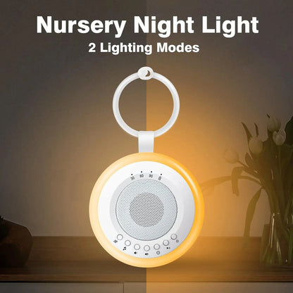 Nursery night light with 2 lighting modes on a wooden surface with flowers in the background.