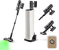 Collection of a cordless vacuum cleaner with attachments on a white background