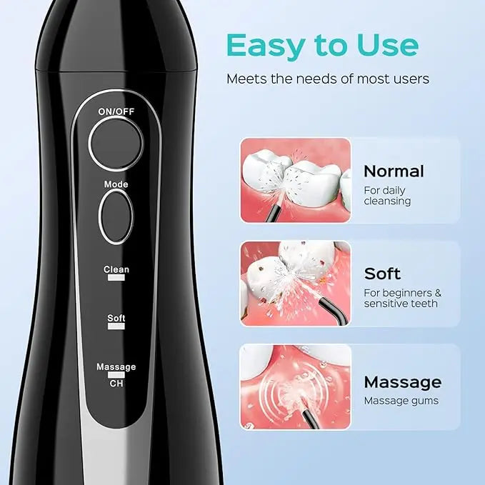 Black dental cleaning device with control panel and usage instructions on a light blue background