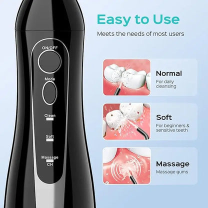 Black dental cleaning device with control panel and usage instructions on a light blue background