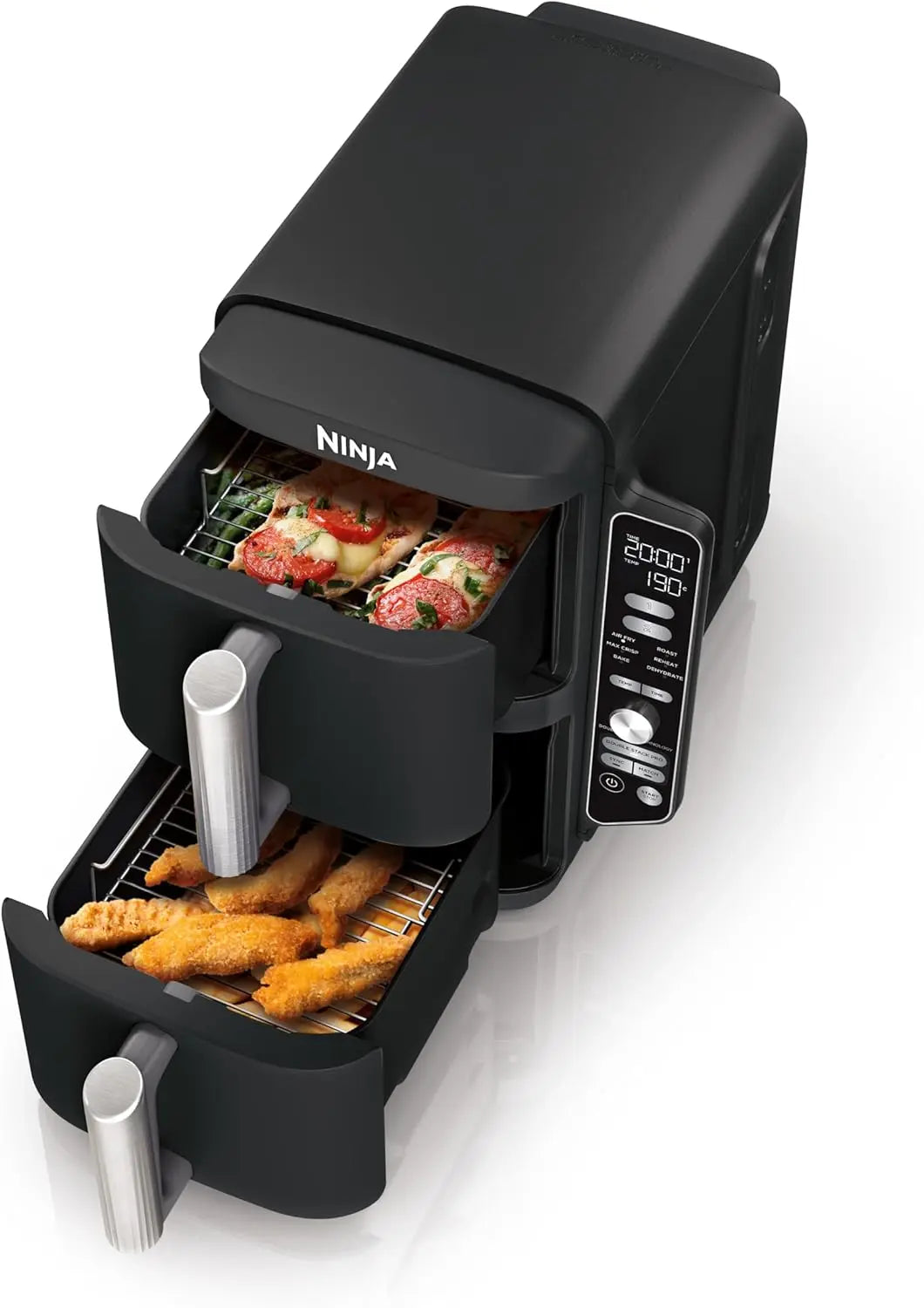 Ninja air fryer with food items inside on a white background