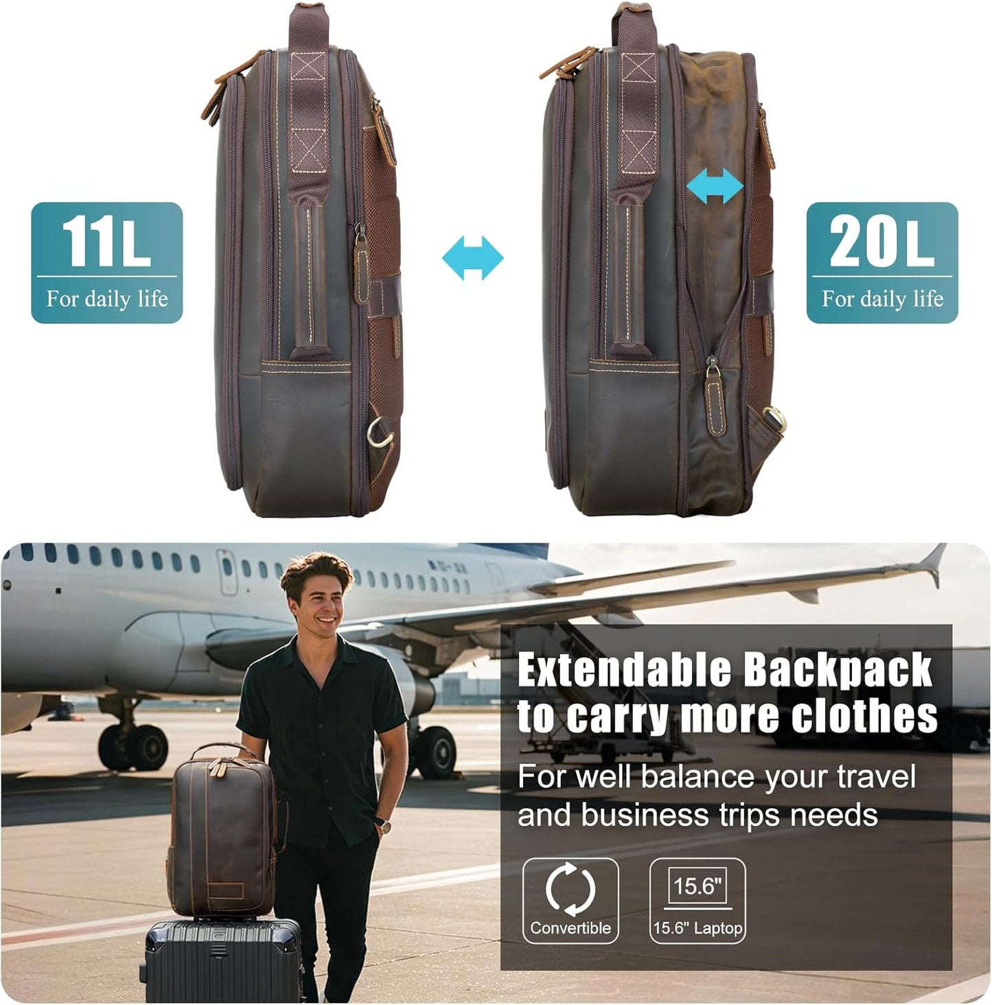 Extendable backpack with different volume options shown, with a person holding a suitcase on an airport tarmac.