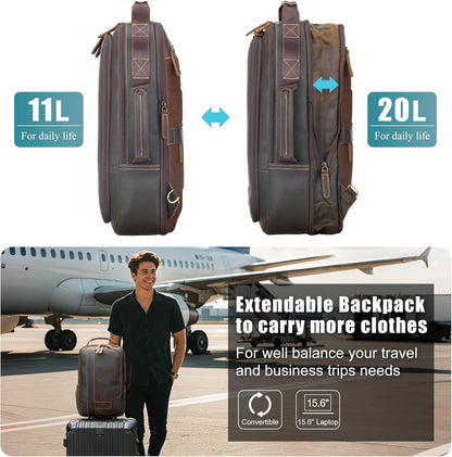 Extendable backpack with different volume options shown, with a person holding a suitcase on an airport tarmac.