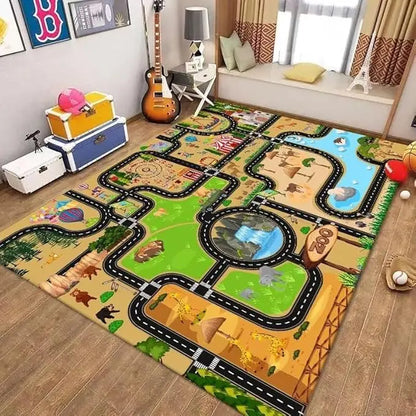 Children's playroom with a colorful map-themed rug on wooden flooring.