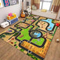 Children's playroom with a colorful map-themed rug on wooden flooring.