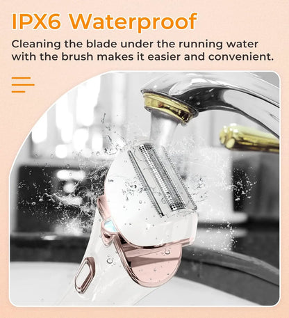 Rose gold electric razor being cleaned under running water with a faucet in the background.