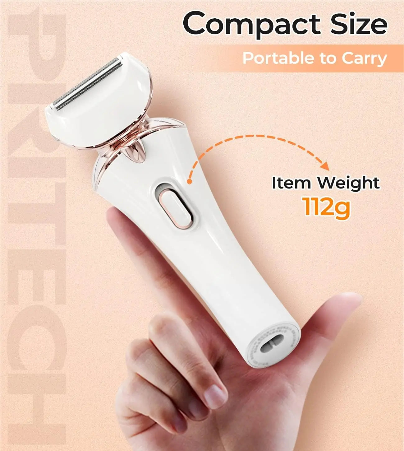 White electric shaver held in a hand with text indicating compact size and weight.