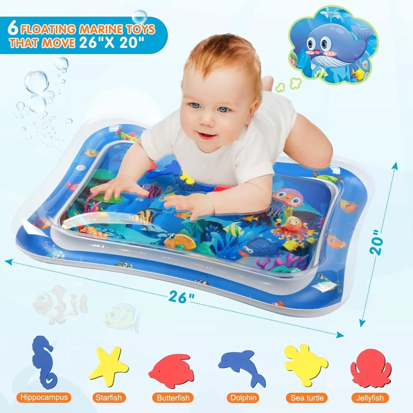 Baby playing on a inflatable water mat with marine toy illustrations and dimensions.