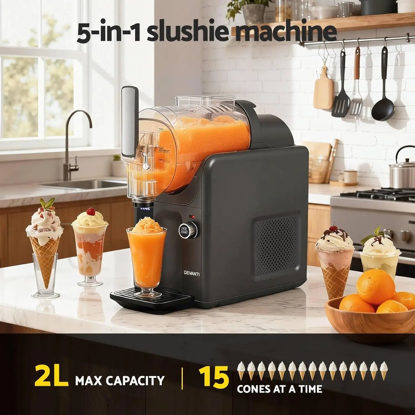 5-in-1 slushie machine on a kitchen counter with slushies and ice cream cones.