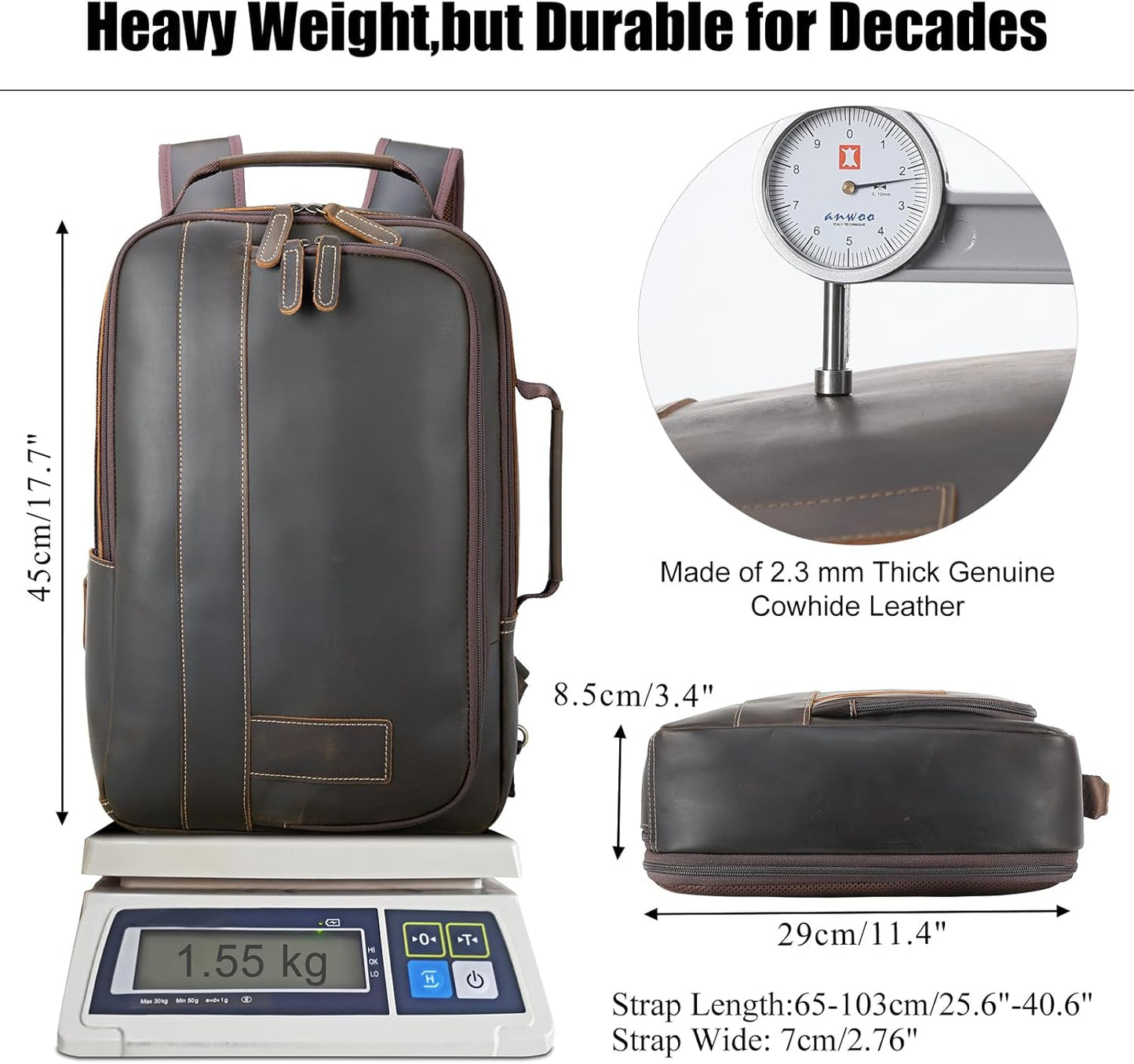 Brown leather backpack with measurements and material details on a white background
