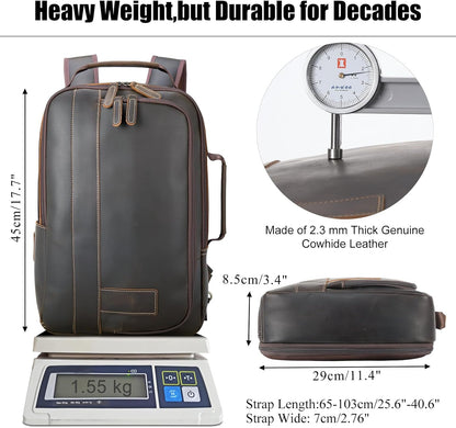 Brown leather backpack with measurements and material details on a white background