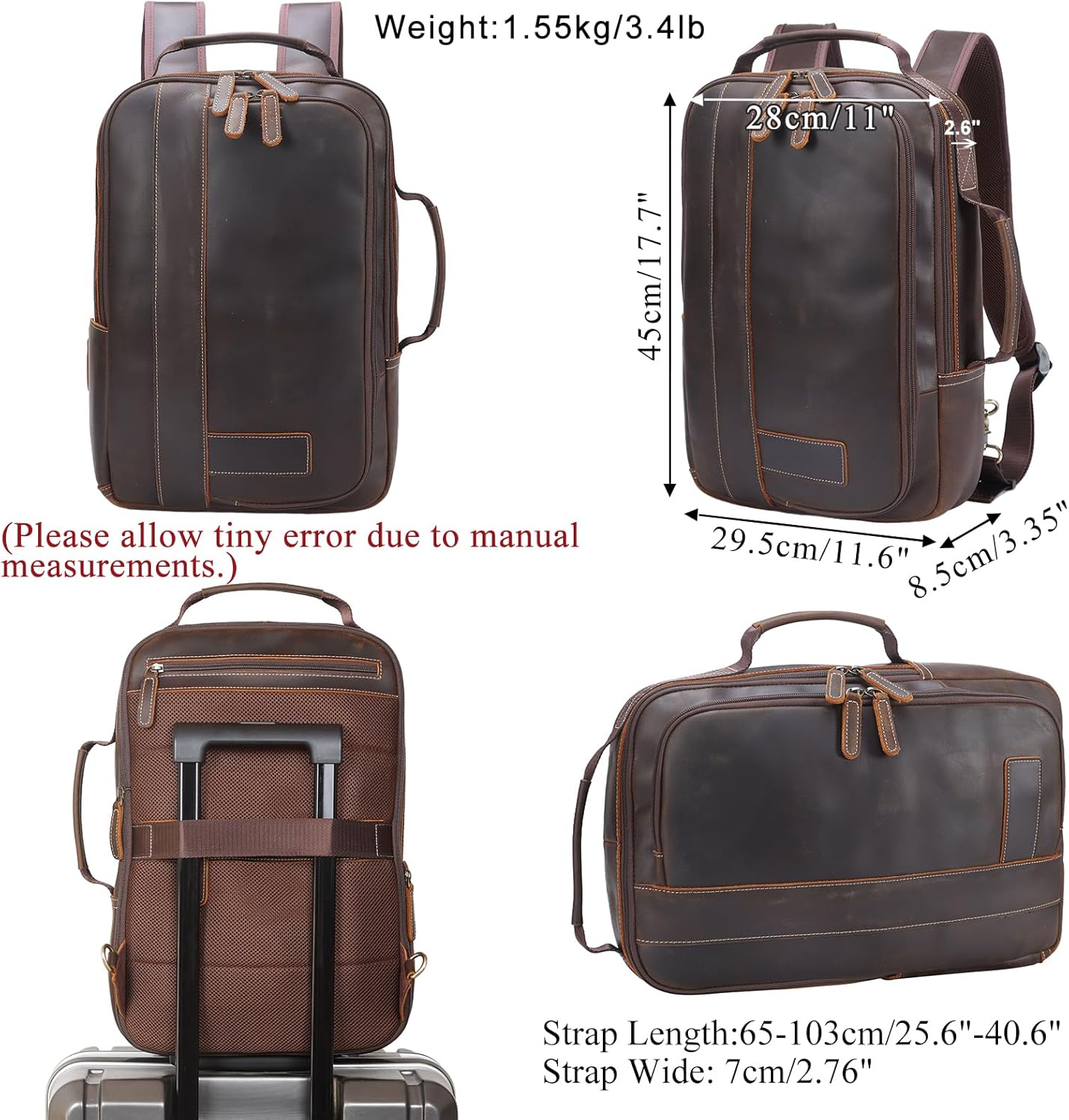 Brown leather travel bag with measurements and weight details on a white background