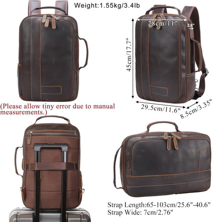 Brown leather travel bag with measurements and weight details on a white background