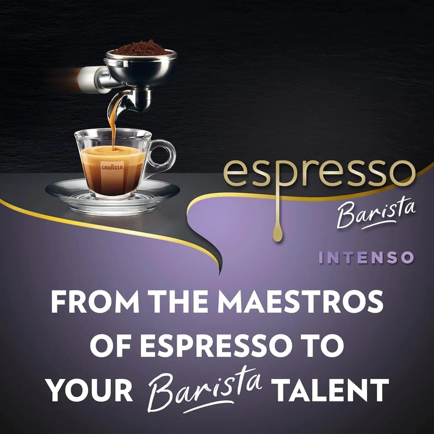 Espresso being poured into a cup with 'espresso Barista' branding on a dark background