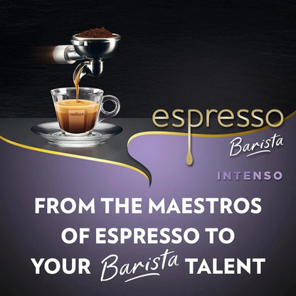 Espresso being poured into a cup with 'espresso Barista' branding on a dark background