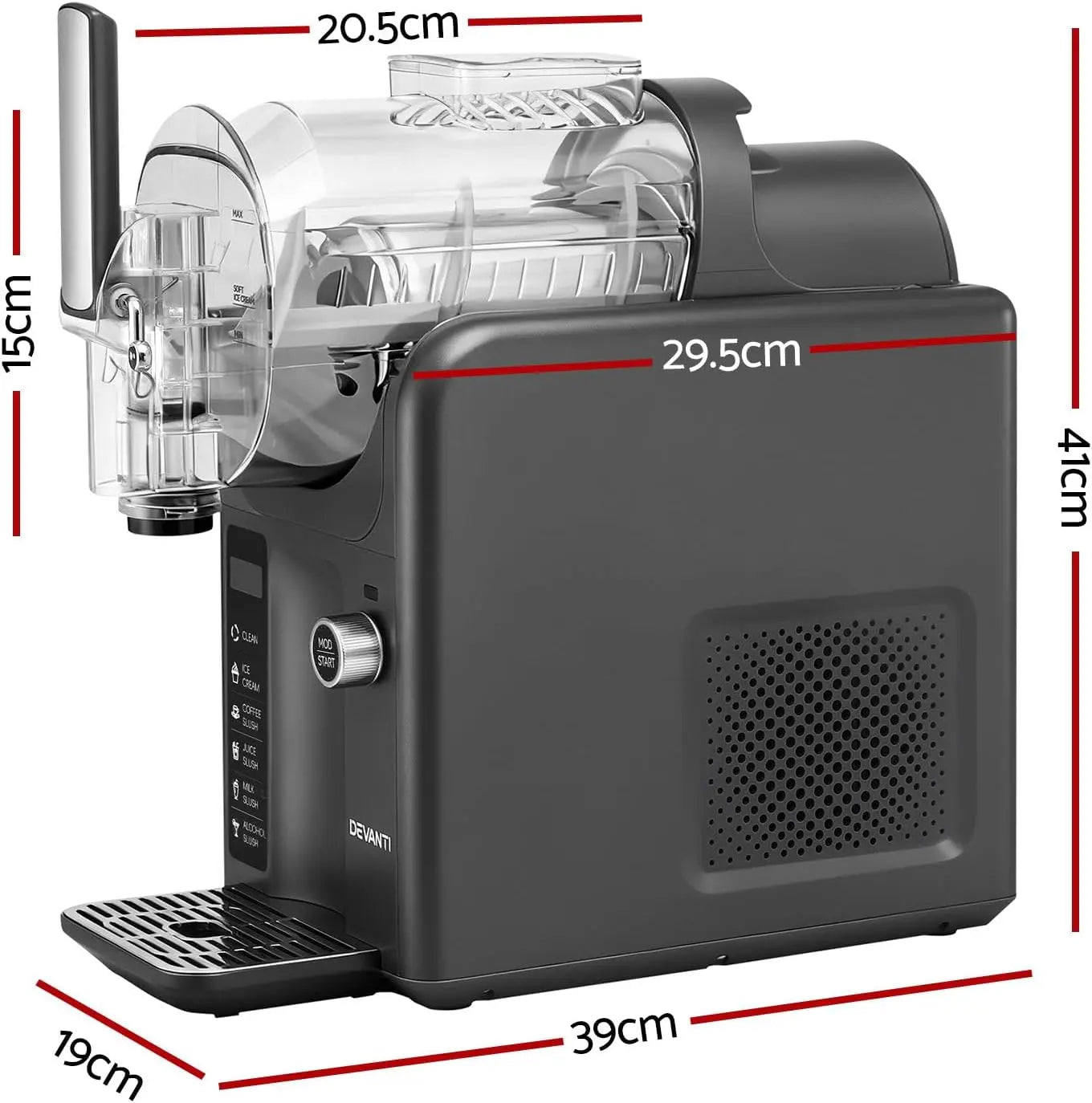 Black pasta machine with dimensions indicated on a white background