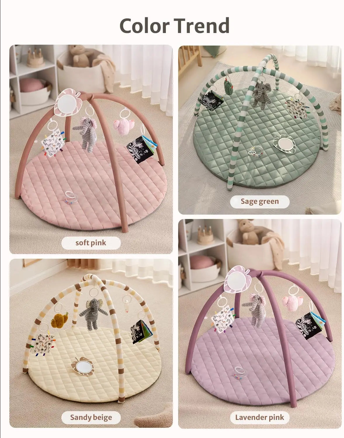 Baby play mats in soft pink, sage green, sandy beige, and lavender pink displayed on a neutral background.