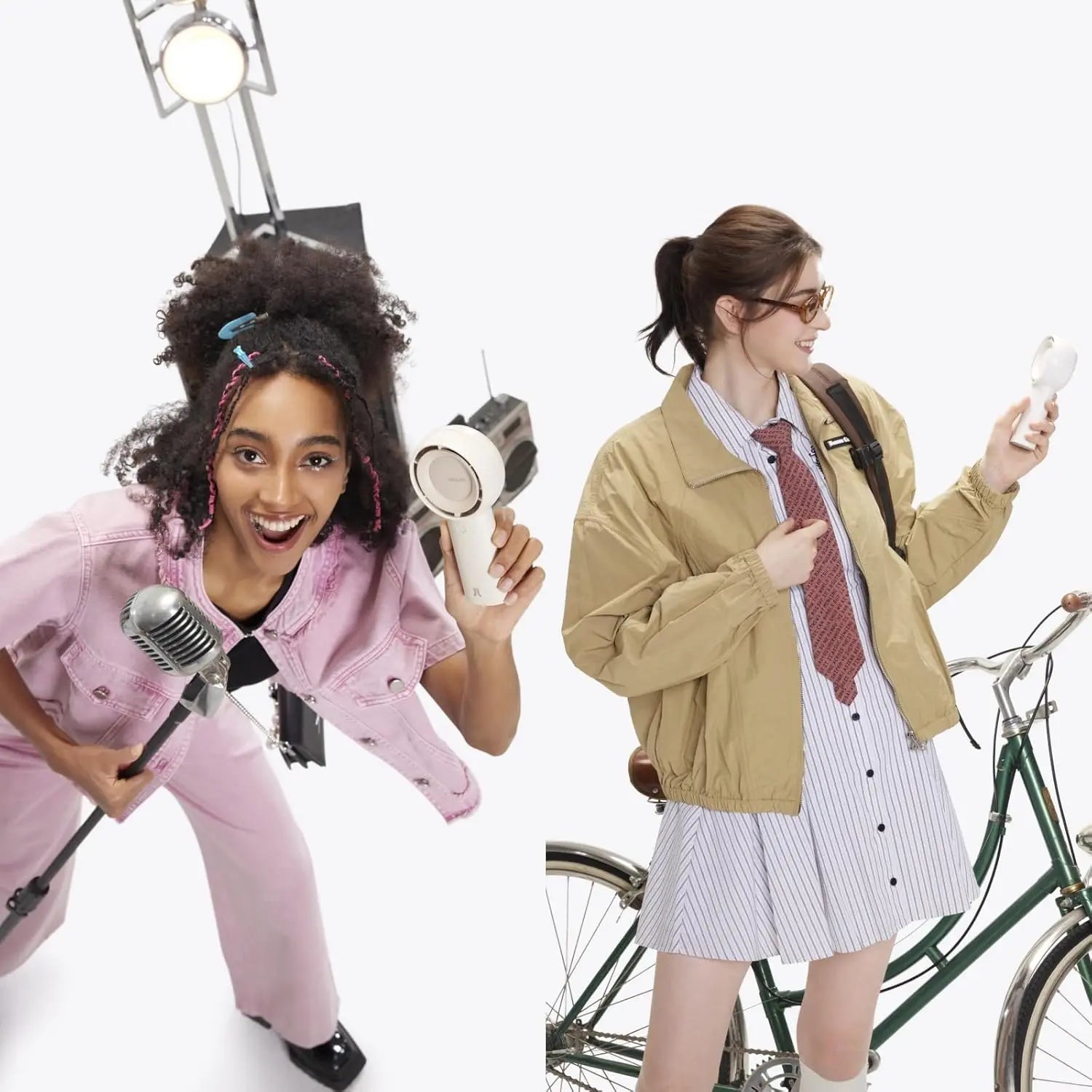 Two women in different outfits with props on a white background