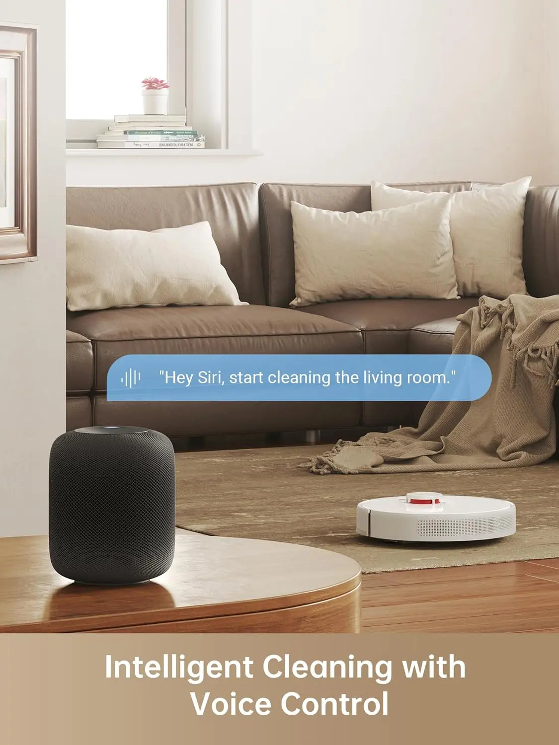 Smart home device on a table with a living room in the background, featuring text about voice control.