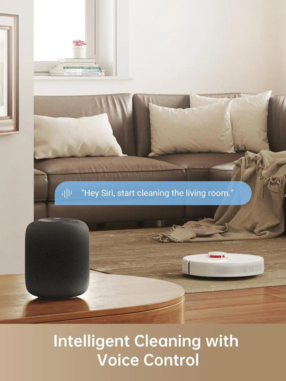 Smart home device on a table with a living room in the background, featuring text about voice control.