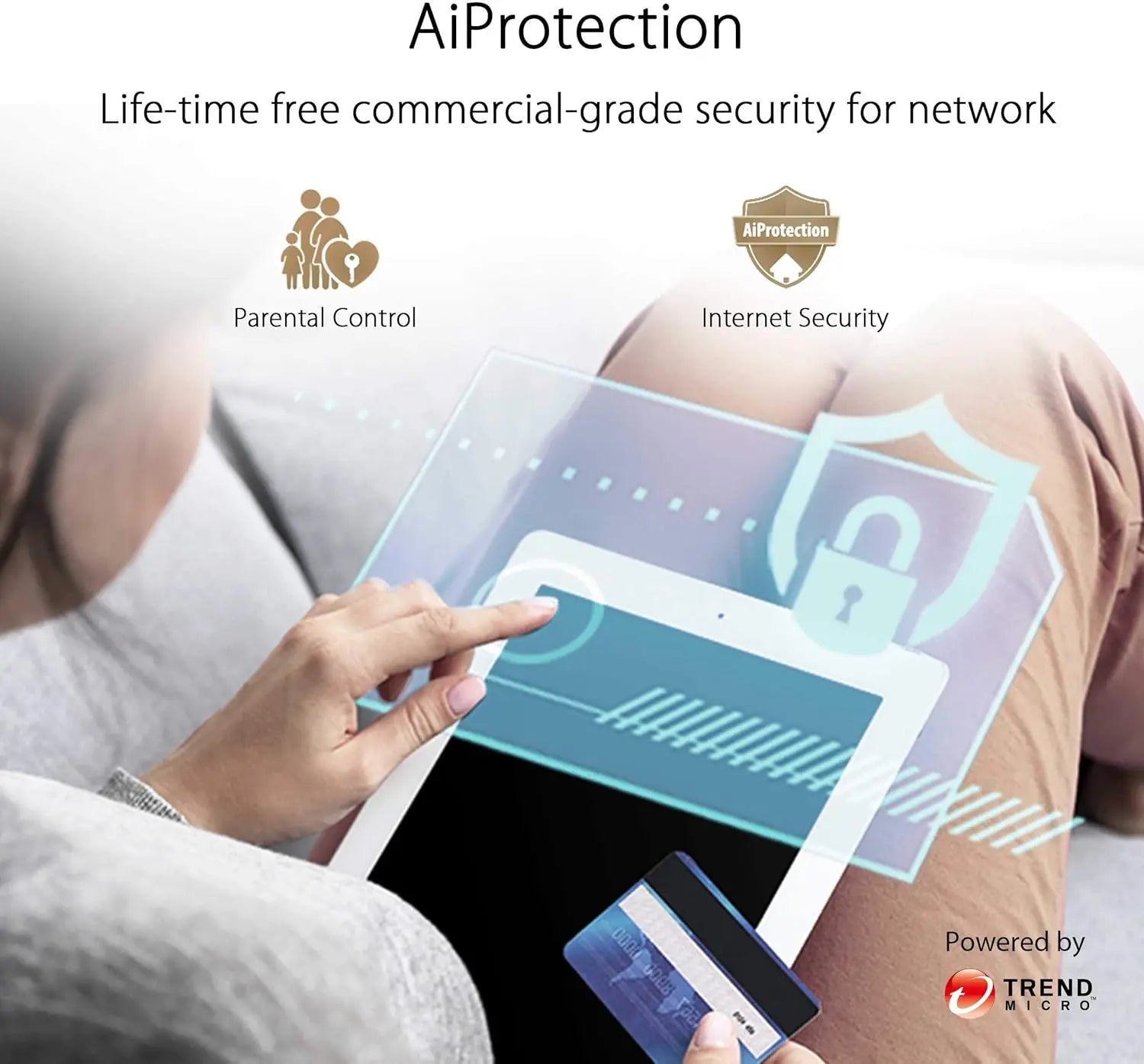 Person using a tablet with AIProtection security features highlighted, including parental control and internet security.