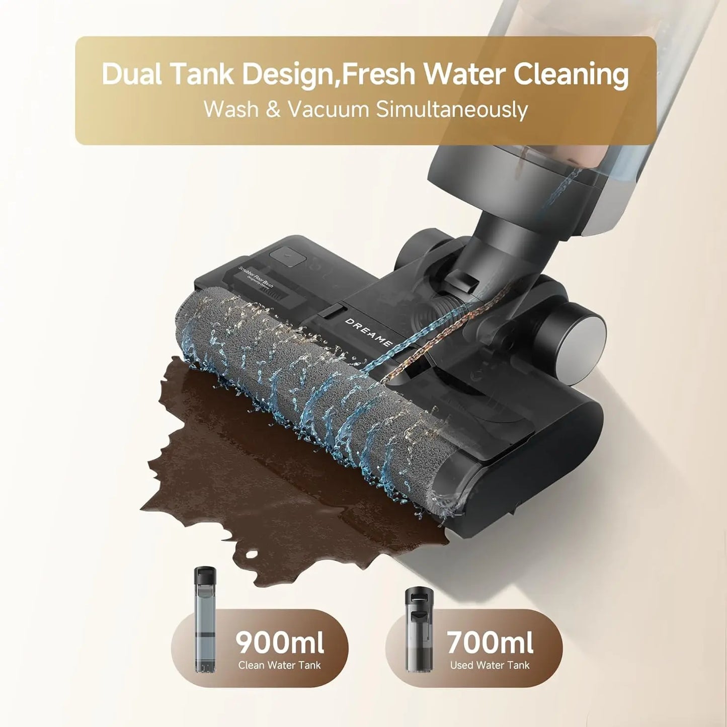 Vacuum cleaner head with dual tank design for water cleaning on a beige background
