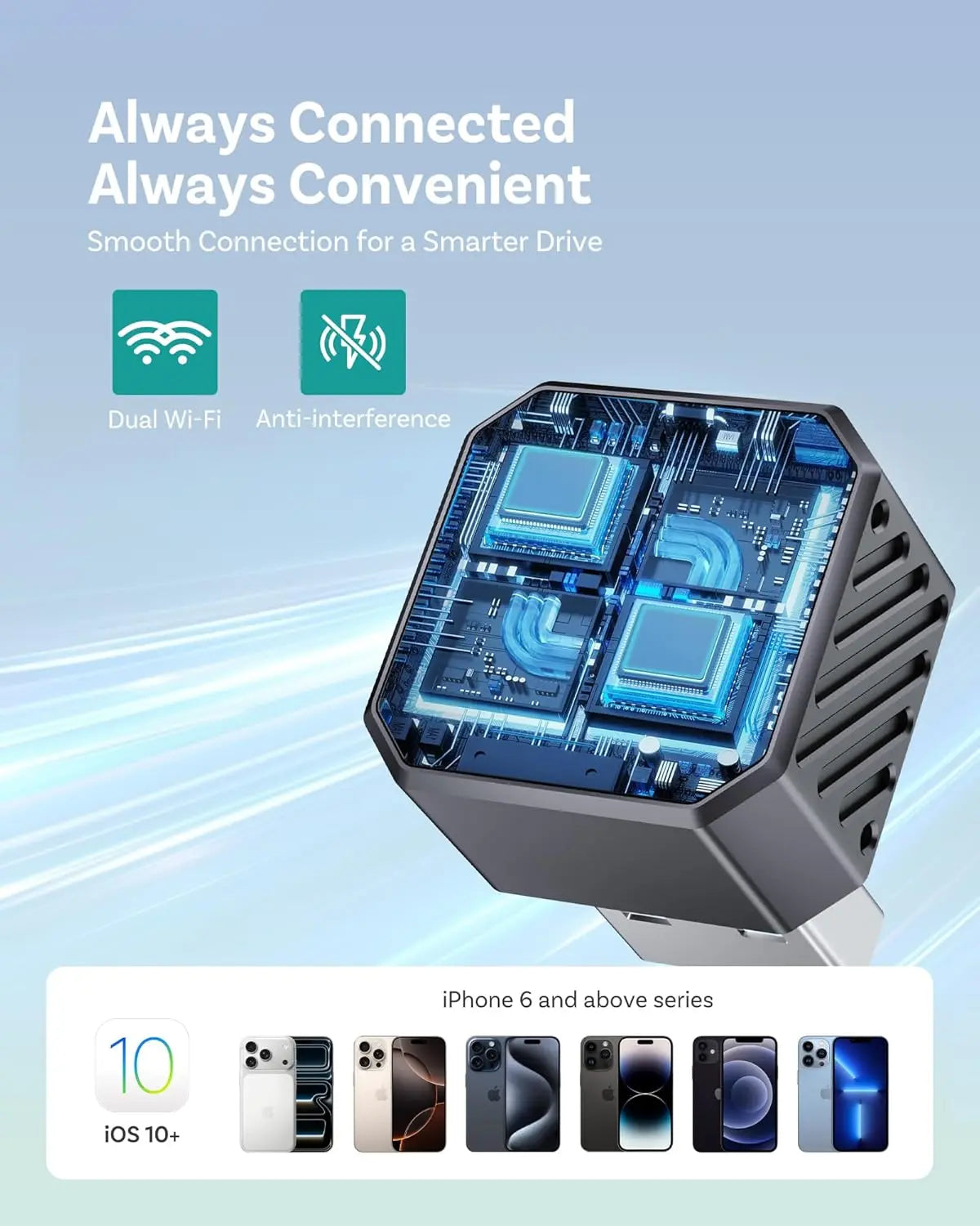 Electronic device with circuitry on a light blue background, featuring text about connectivity and compatibility with iOS devices.
