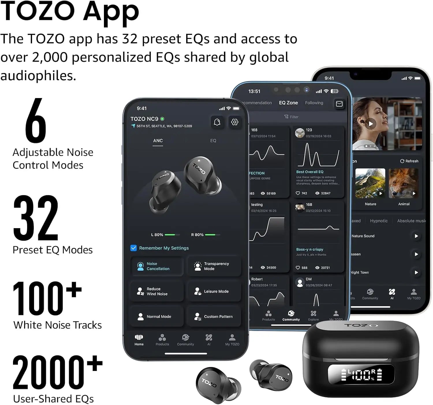TOZO NC9 Wireless Earbuds – Hybrid ANC, Bluetooth 5.3, 60H Playtime, IPX8 AMZ