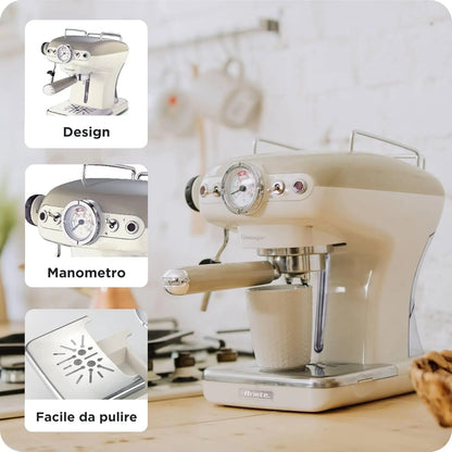 Cream-colored espresso machine with features highlighted on a blurred kitchen background