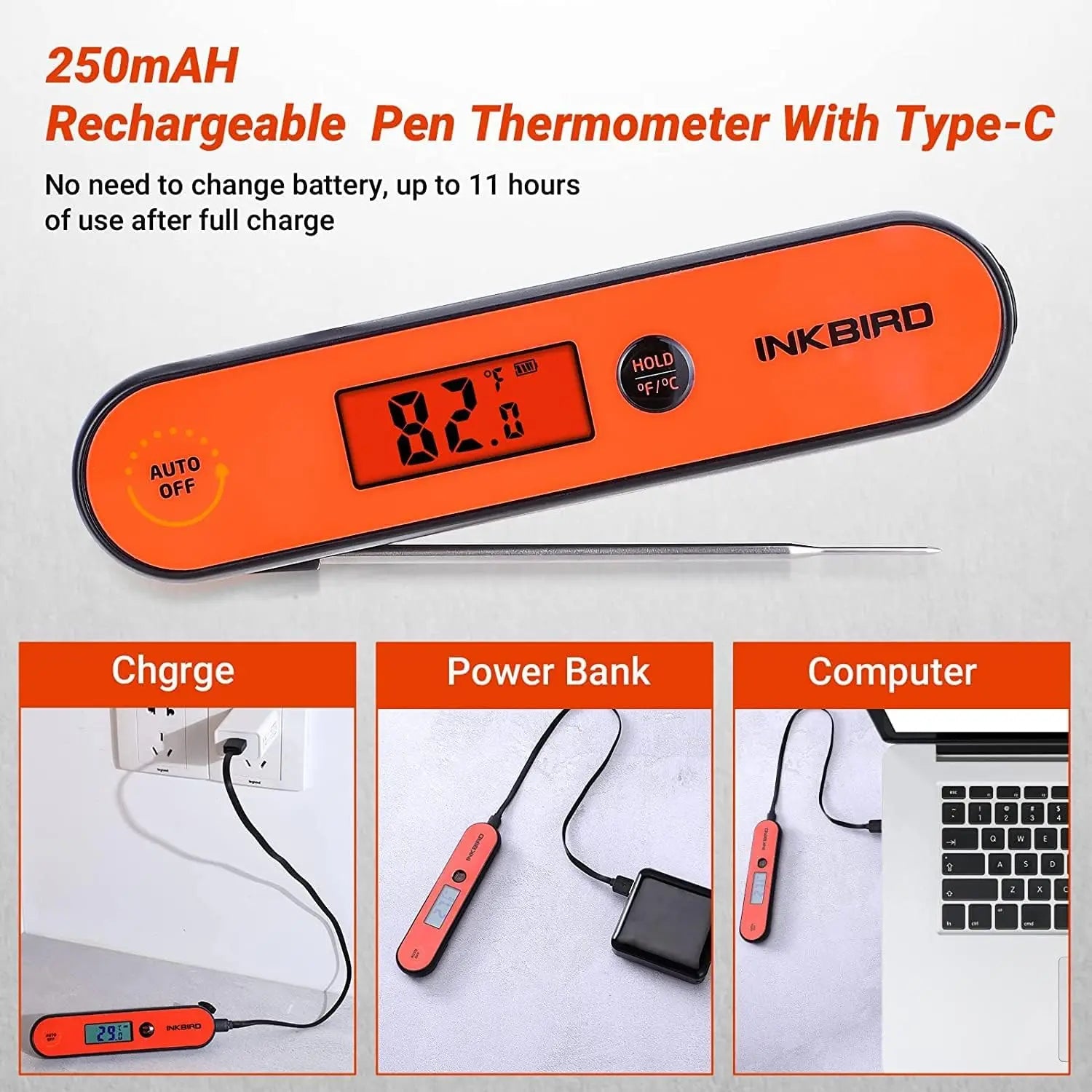 Orange INKBIRD rechargeable pen thermometer with digital display on a white background, showing temperature and charging capabilities.