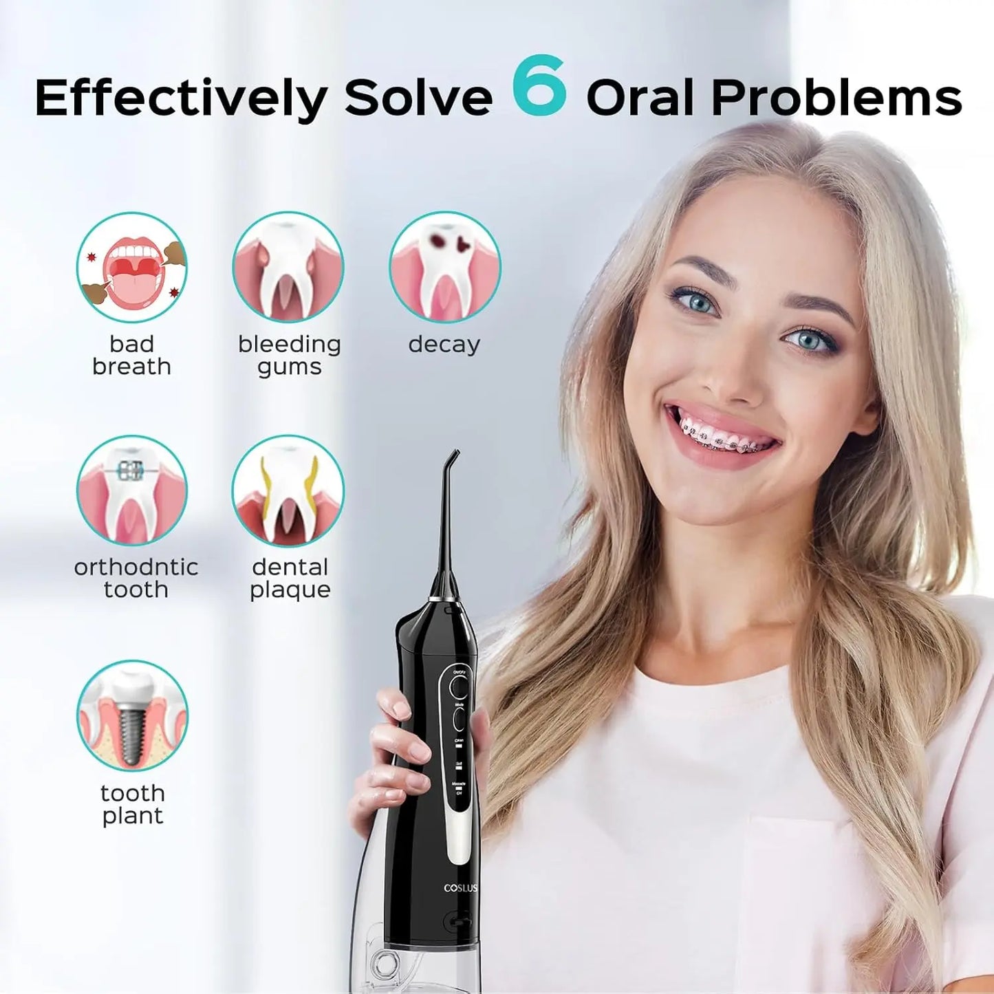 Woman holding a dental water flosser with icons showing oral problems it can solve.