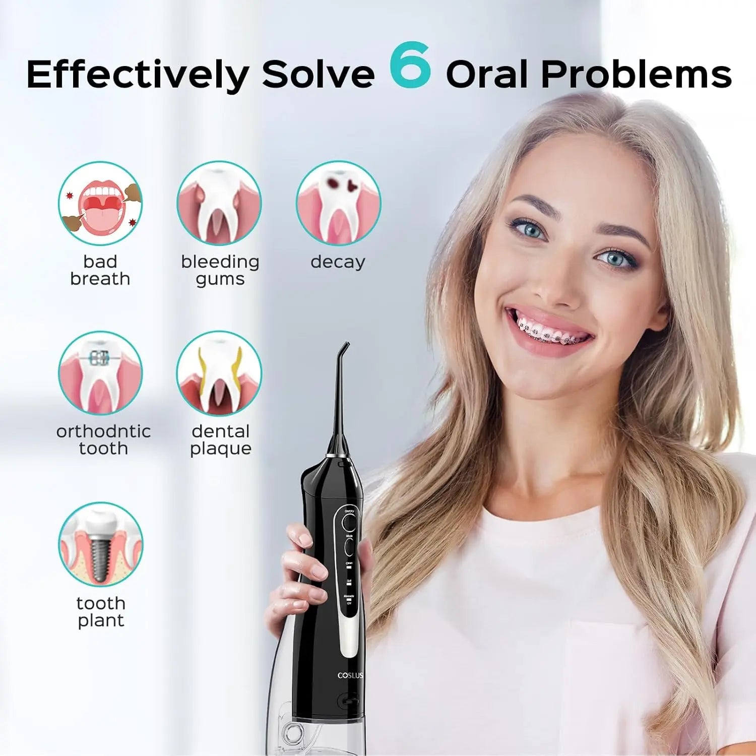 Woman holding a dental water flosser with icons showing oral problems it can solve.