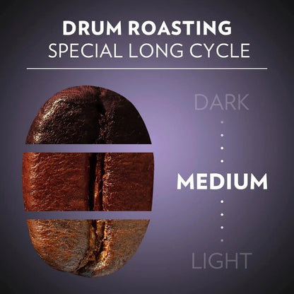 Coffee bean with 'Drum Roasting Special Long Cycle' text and three roasting levels on a dark background.