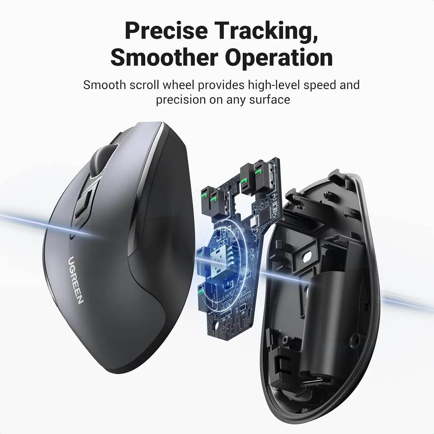 Computer mouse with open design showing internal components on a white background