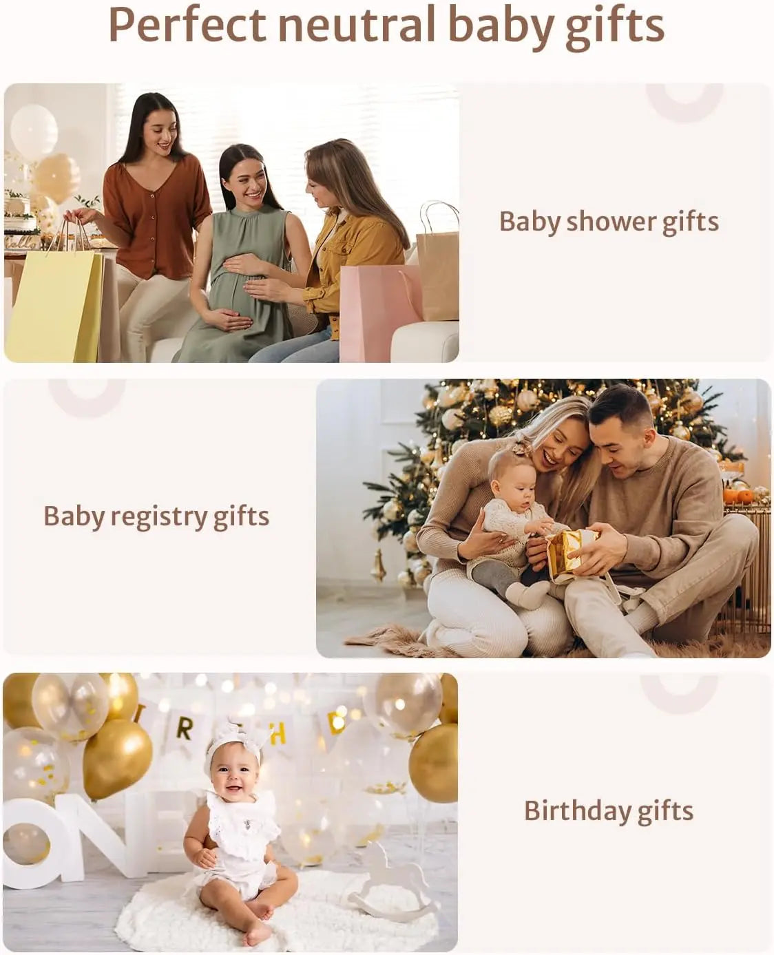 Collage of images showing families with babies and text indicating types of gifts.