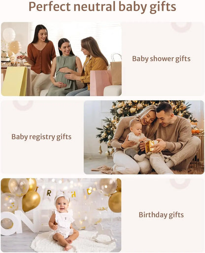 Collage of images showing families with babies and text indicating types of gifts.
