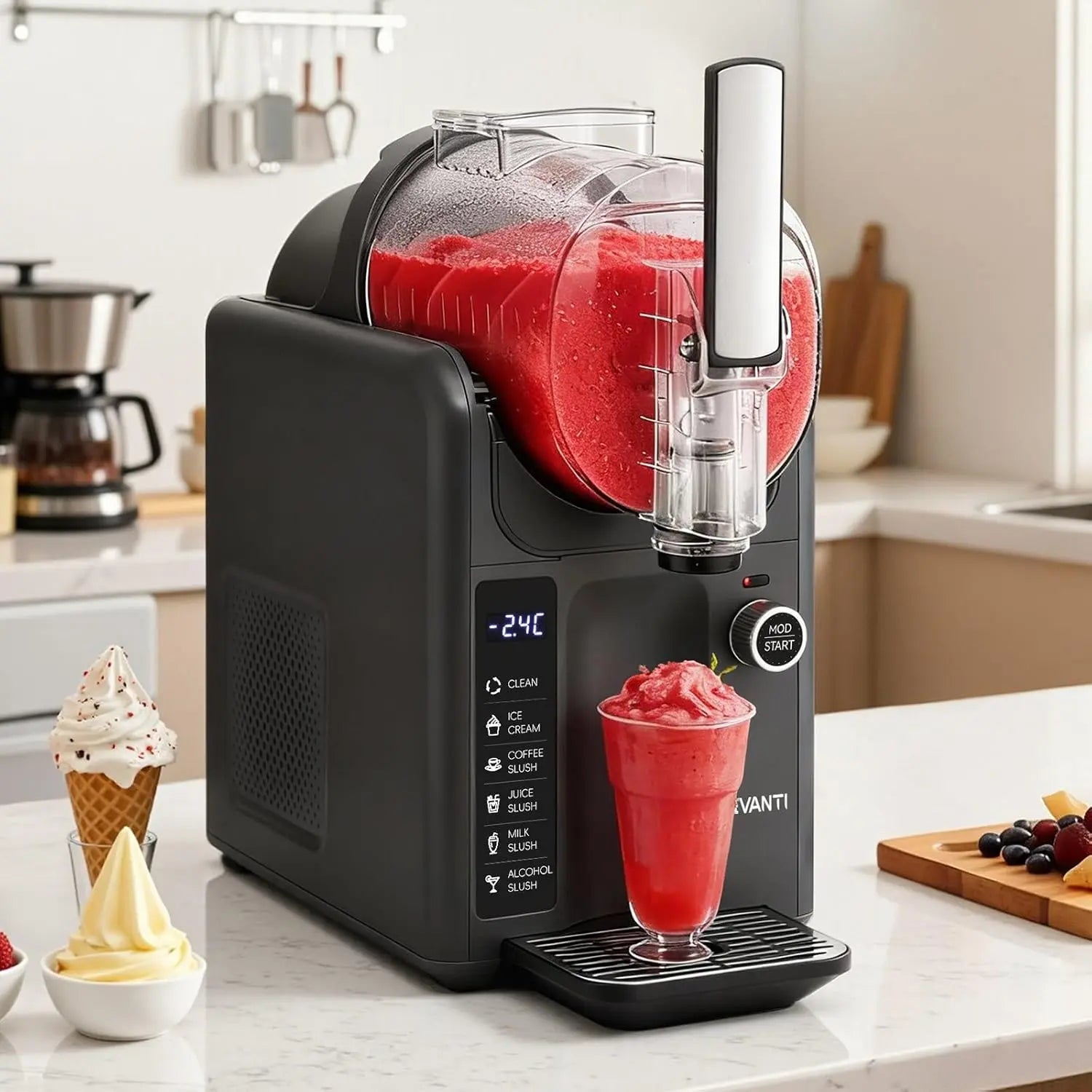 Black slushy machine making a red slushie on a kitchen counter.