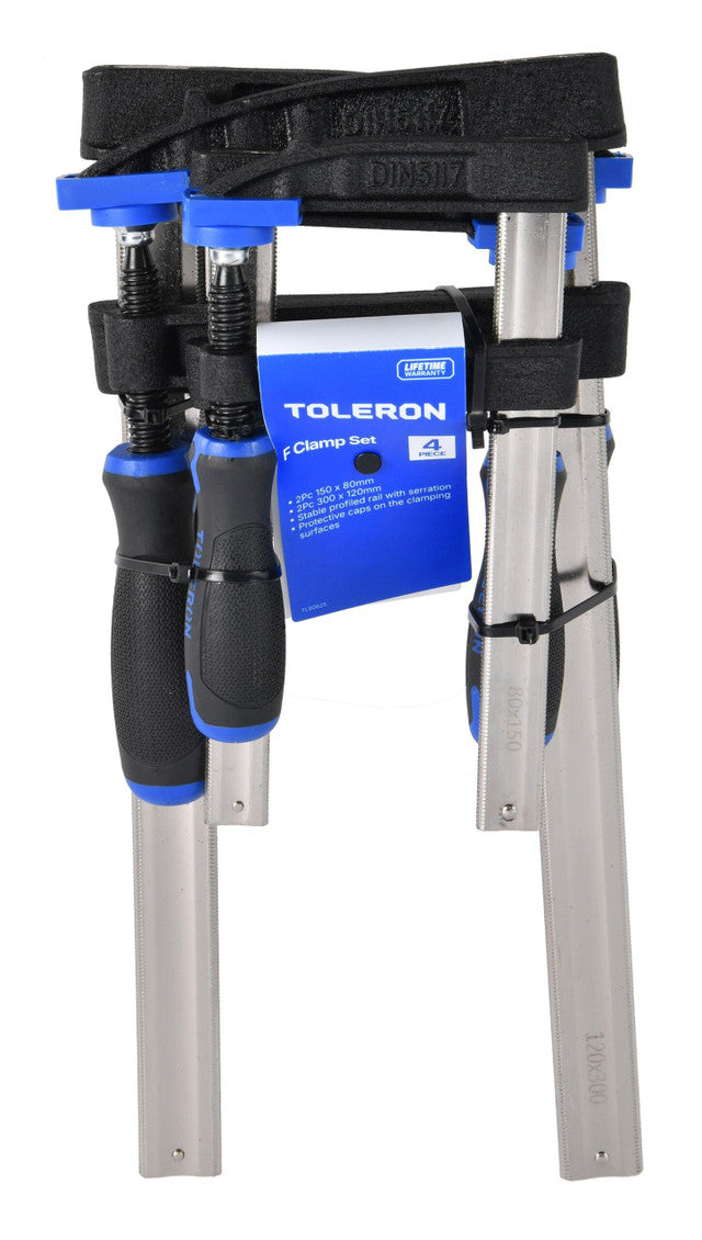A folded Toleron 3-clamp bench clamp with silver aluminum legs, blue plastic clamping blocks, and black handles, shown with its blue and white product tag against a white background.