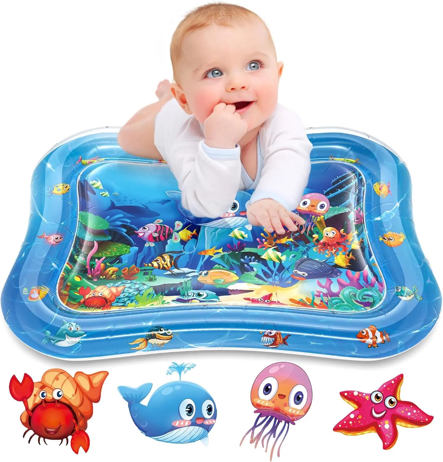 Baby playing on an inflatable water mat with ocean-themed graphics and toys.
