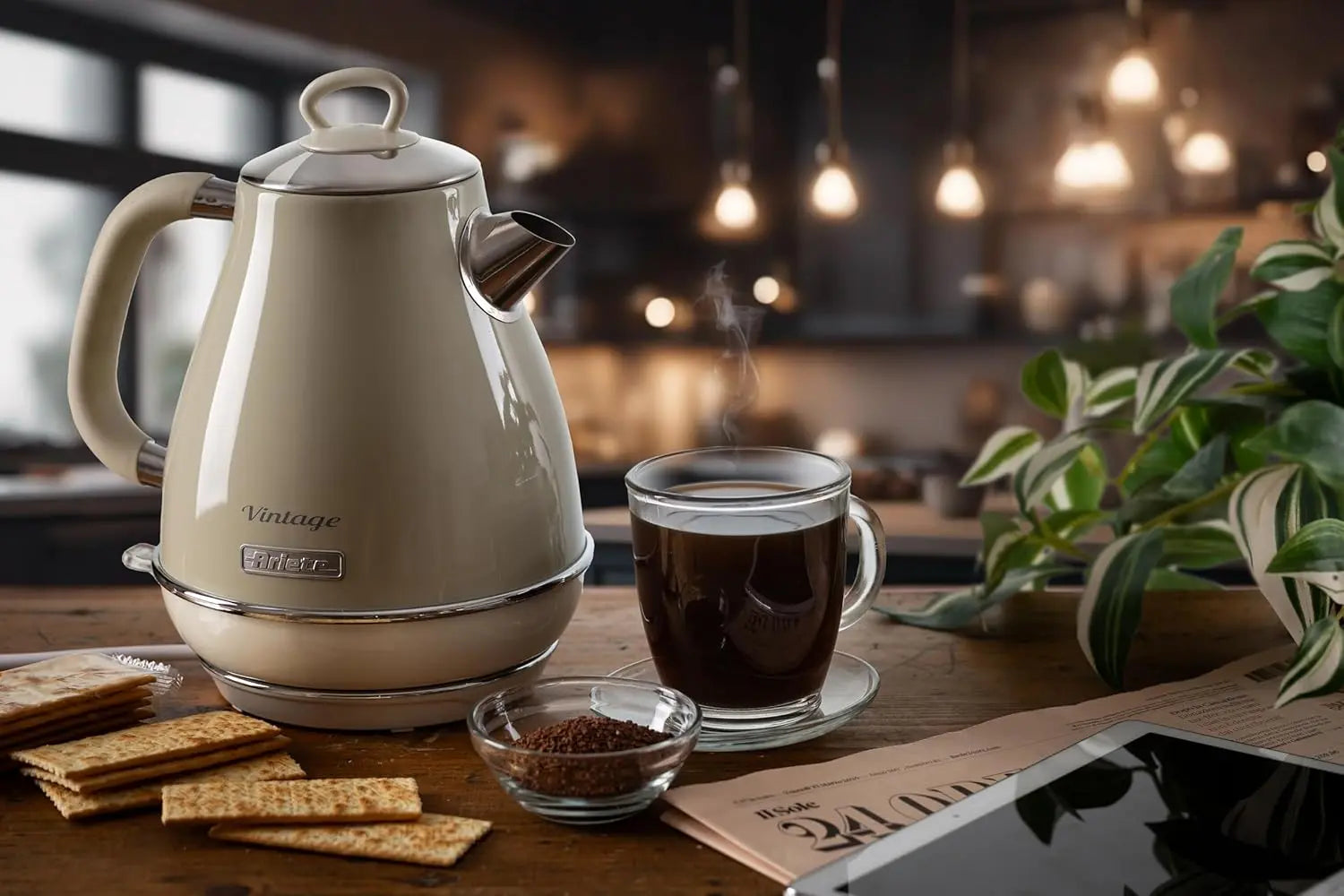 Vintage-style electric kettle on a kitchen counter with coffee and snacks.