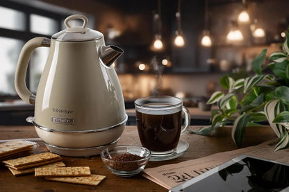 Vintage-style electric kettle on a kitchen counter with coffee and snacks.