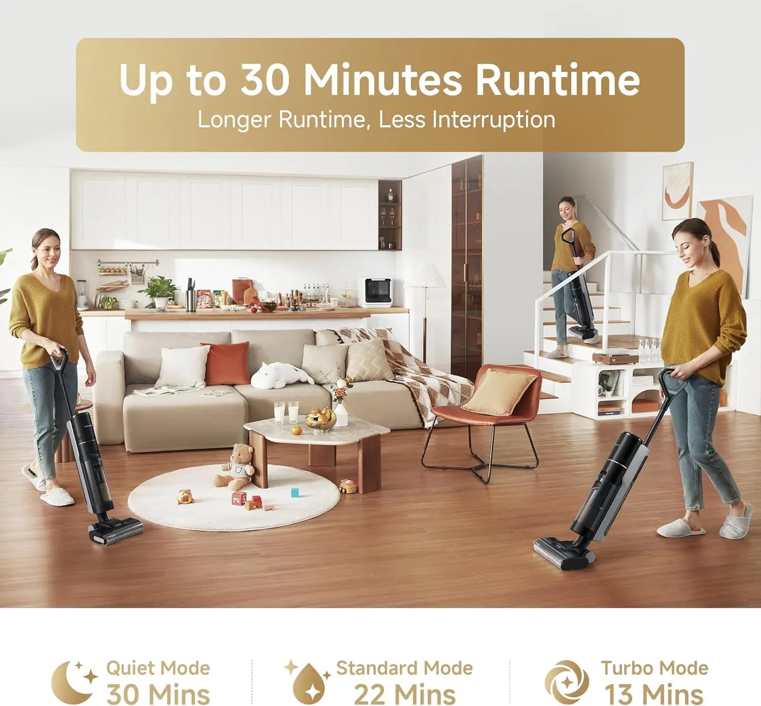 Two people using vacuum cleaners in a living room with text about runtime and mode options.