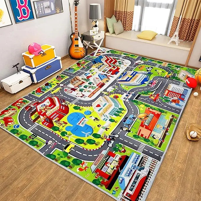 Colorful children's play rug with road and vehicle patterns on a wooden floor.