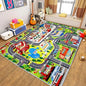 Colorful children's play rug with road and vehicle patterns on a wooden floor.