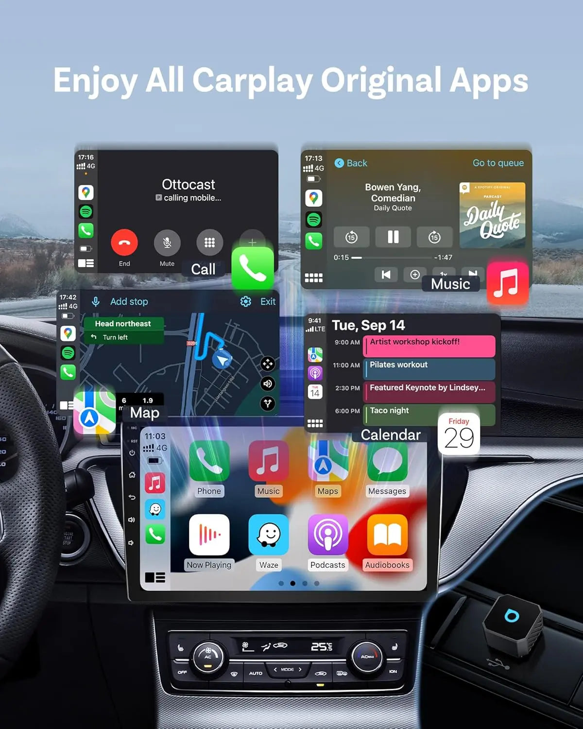 Car dashboard with multiple smartphone screens displaying CarPlay apps.