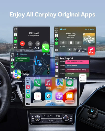 Car dashboard with multiple smartphone screens displaying CarPlay apps.